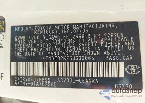 2005 Toyota Camry Le z USA, uszkodzony, nr VIN 4T1BE32K75U633665